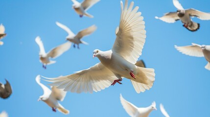 white pigeons in flight on blue sky background - 766492105