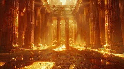 A breathtaking 3D of an ancient temple bathed in golden light, with detailed pillars and reflective stone floors. - obrazy, fototapety, plakaty