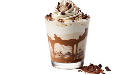 A glass filled with creamy chocolate milkshake topped with fluffy whipped cream and decadent chocolate shavings