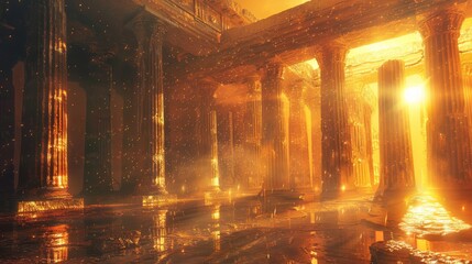 An ethereal golden glow fills an ancient temple's interior, with sunlight streaming through columns and reflective water on the floor.