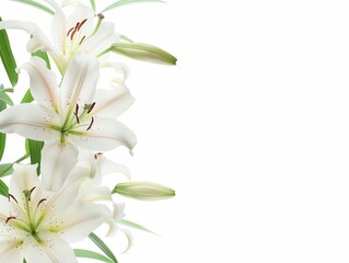 Fototapeta premium white lilies bunch on a white background, background with blooming white lily flowers