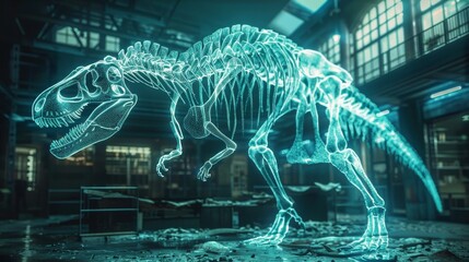 A 3D hologram of a Tyrannosaurus Rex skeleton casts a cool blue light inside a modern scientific laboratory setting.