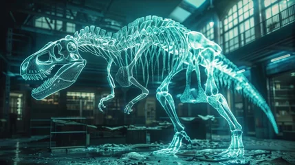 Deurstickers A 3D hologram of a Tyrannosaurus Rex skeleton casts a cool blue light inside a modern scientific laboratory setting. © Sodapeaw