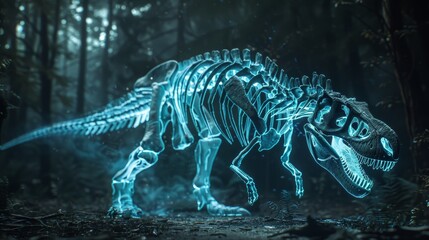 Fototapeta na wymiar This evocative 3D captures the essence of a bioluminescent Tyrannosaurus Rex skeleton in a foggy, ethereal forest setting.