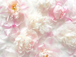 blooming peonies flowers, background with blooming light pink and white peony flowers and petals