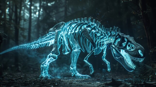 This evocative 3D captures the essence of a bioluminescent Tyrannosaurus Rex skeleton in a foggy, ethereal forest setting.