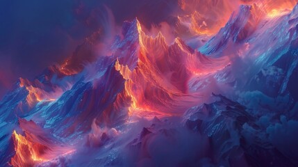 A dramatic depiction of mountain ranges as if experiencing a volcanic eruption, illuminated with intense red and blue hues under a night sky.