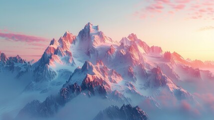 The first light of sunrise casts a warm glow over majestic snowy mountain peaks, rising above soft clouds in a tranquil morning sky.