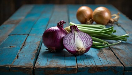 Two whole purple onions and one cut in half are placed alongside yellow onions and green beans on a wooden blue surface