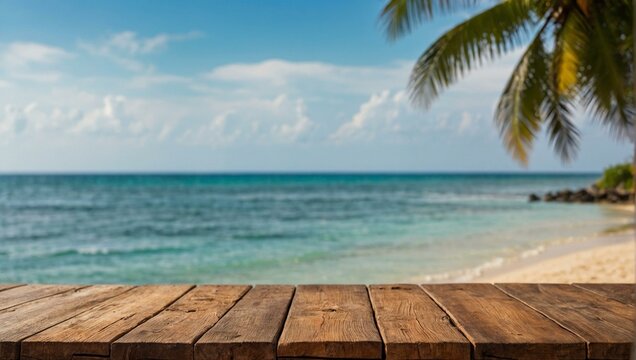 A serene image with a wooden table overlooking a stunning tropical beach with clear blue waters