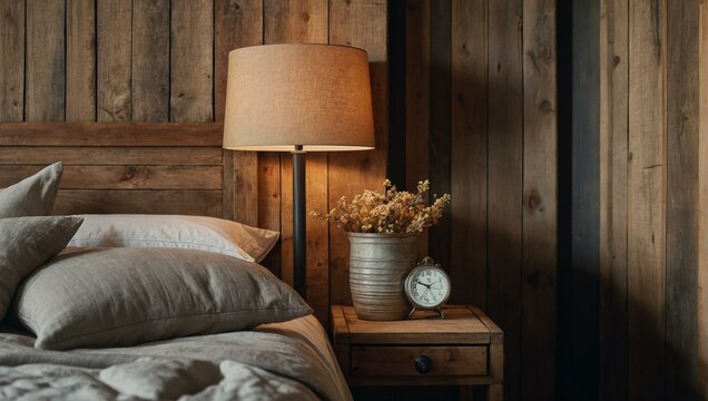 A warm and inviting bedroom scene featuring a comfortable bed with beige linen, a wooden bedside table with a vintage lamp and clock, against a rustic wooden wall