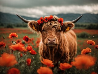 A charming Highland cow stands surrounded by vibrant red poppies, offering a quaint rural scene