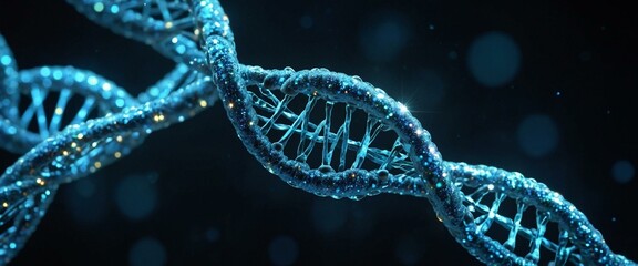 A 3D rendering of a DNA double helix in blue tones with illuminated particles highlighting genetic concepts