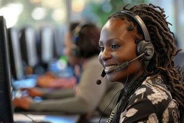 Women in call center deliver warm, attentive service, enhanced workplace environment - obrazy, fototapety, plakaty