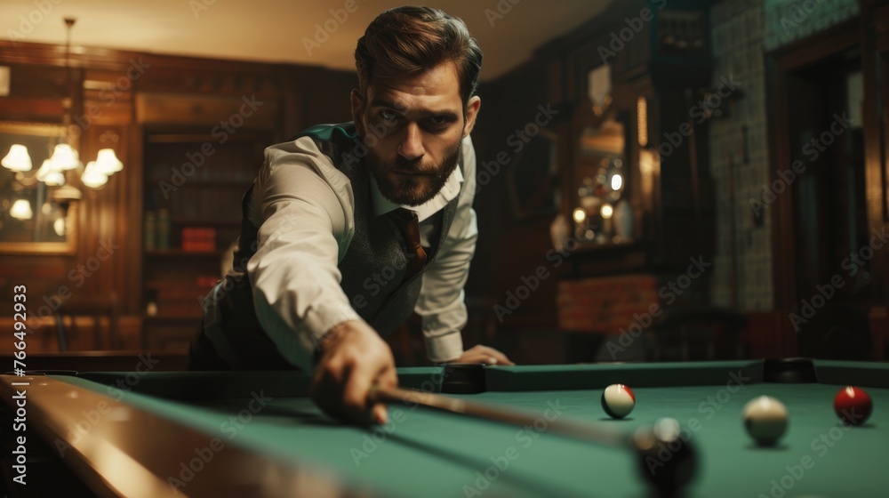 Poster A man in a vest leaning over a pool table. Suitable for sports and leisure concepts