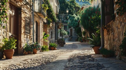Fototapeta na wymiar A charming street with potted plants, perfect for urban and travel concepts