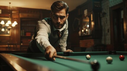 A man in a vest leaning over a pool table. Suitable for sports and leisure concepts