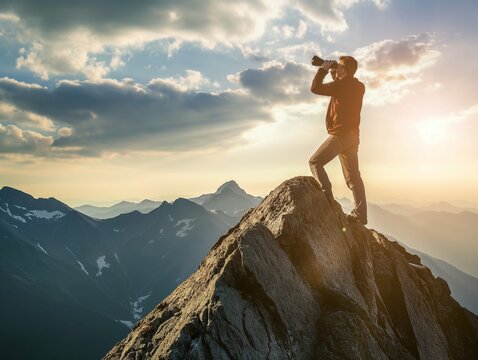 young man standing on a mountain hill and looking into the binoculars in the distance, vision for success ideas