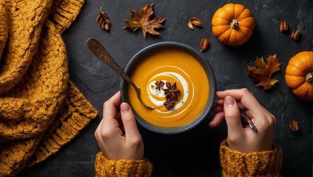 Cozy autumn concept with hands around a pumpkin soup bowl, surrounded by seasonal decorations