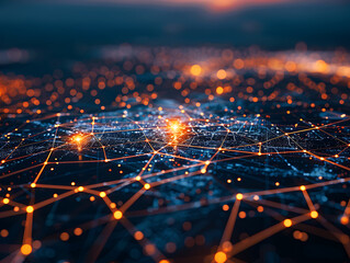 Glowing Hub: Abstract Nodes Background with Vibrant Light Trails. - Powered by Adobe