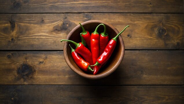 A captivating image of ripe red hot chili peppers in a round wooden bowl set on a dark wooden backdrop