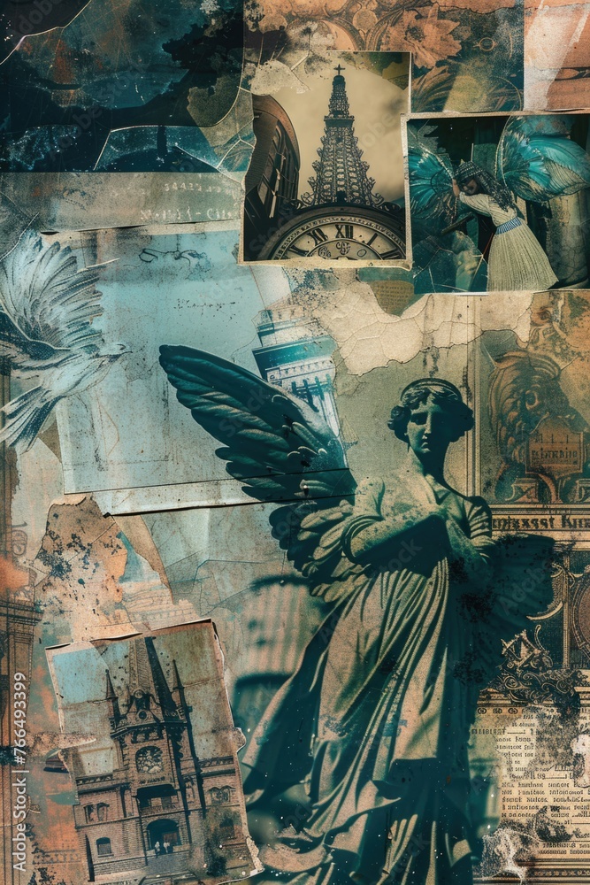 Poster a collage of images featuring a statue and a building. perfect for architectural and art concepts