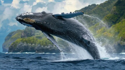 Obraz premium A majestic humpback whale breaching out of the water. Perfect for nature and wildlife themes