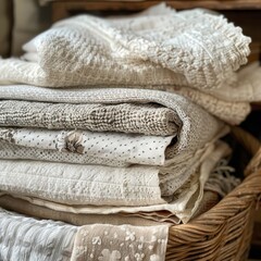 A cozy stack of assorted knitted and woven fabrics in a basket, highlighting various patterns and textures in a home setting.