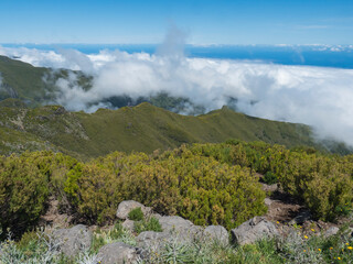 View over the mountains and Atlantic Ocean above the clouds at hiking trail PR1.2 from Achada do Teixeira to Pico Ruivo, the highest peak in the Madeira, Portugal - 766493561