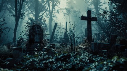 A cemetery with a prominent cross in the center, suitable for religious themes - obrazy, fototapety, plakaty