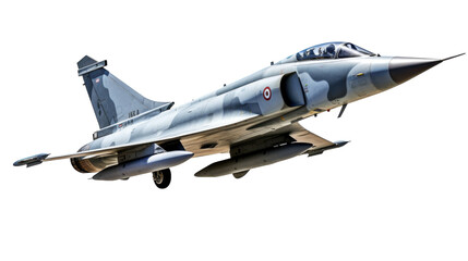A powerful fighter jet soars through a vast expanse of white sky, displaying its speed and agility in flight