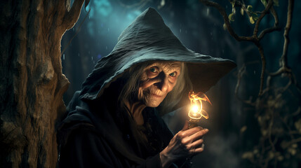 mysterious grandmother witch sorceress fairy-tale character halloween horror scary - obrazy, fototapety, plakaty
