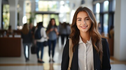 Confident young female college student smiling on campus