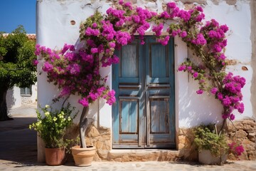 Fototapeta na wymiar Blue door with pink flowers