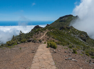 Paved footpath, hiking trail PR1.2 from Achada do Teixeira to Pico Ruivo mountain, the highest peak in the Madeira, Portugal. - 766494514