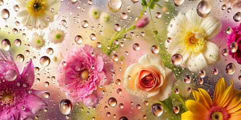 background, many flowers, many drops of water