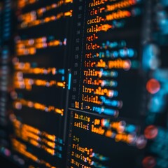 Obraz premium A close-up of a server rack with vibrant, glowing code on monitor screens, showcasing data processing and computing power.