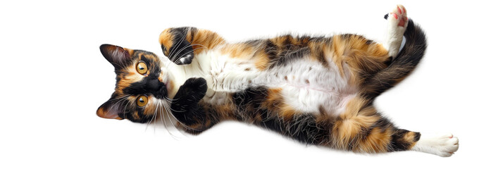 A playful kitten is lying on back, top view, isolated on white or transparent background, png clipart, design element. Easy to place on any other background.