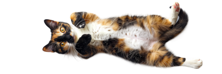 A playful kitten is lying on back, top view, isolated on white or transparent background, png clipart, design element. Easy to place on any other background.
