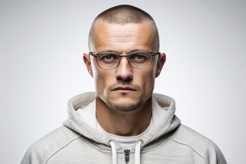 A man with short hair and glasses is looking at the camera