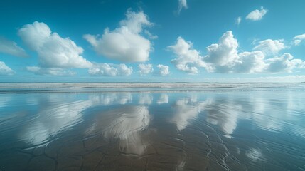 Beach with beautiful blue sky and white clouds reflecting on the wet sand