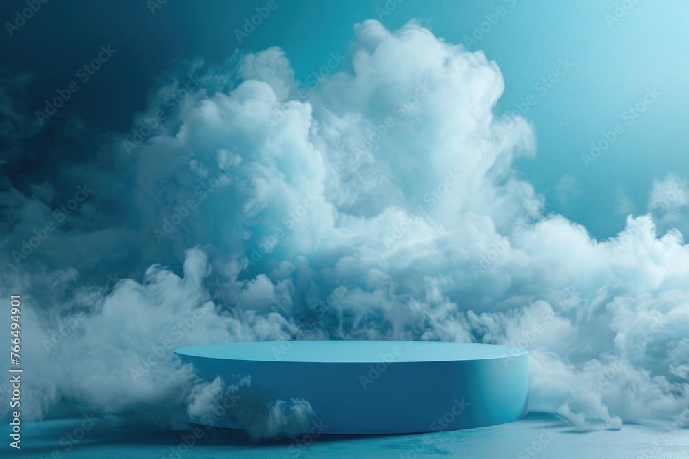 Poster A round table floating in a dreamy cloud-filled sky. Ideal for surreal or fantasy concepts