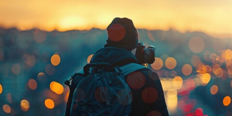 A person carrying a backpack and camera, suitable for travel and adventure concepts - obrazy, fototapety, plakaty