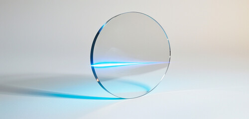 An optically clear, thin fu ll glass circle, seen from a side angle with a rotated perspective. a...