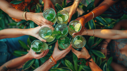 A group of people are holding up glasses of a green drink - 766494973