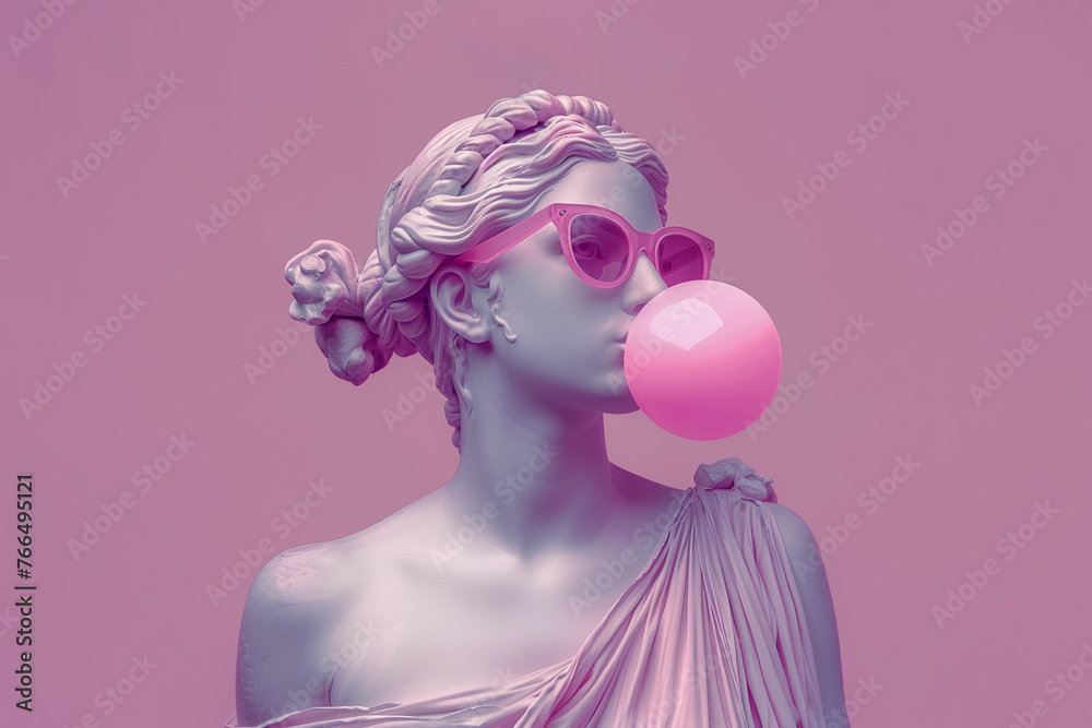 Wall mural an antique female bust sculpture in modern sunglasses makes a bubble with the gum. minimal pop cultu