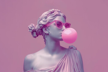 An antique female bust sculpture in modern sunglasses makes a bubble with the gum. Minimal pop culture concept art.