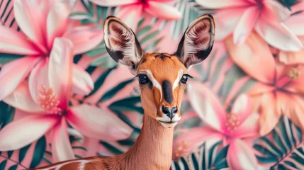 Poster Beautiful antelope portrait in tropical flowers, leaves and plants, soft pink colors. Horizontal sketchbook cover template. Wild jungle nature. © Sunny_nsk