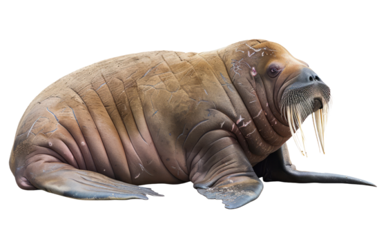 Walrus with prominent tusks seated, cut out transparent