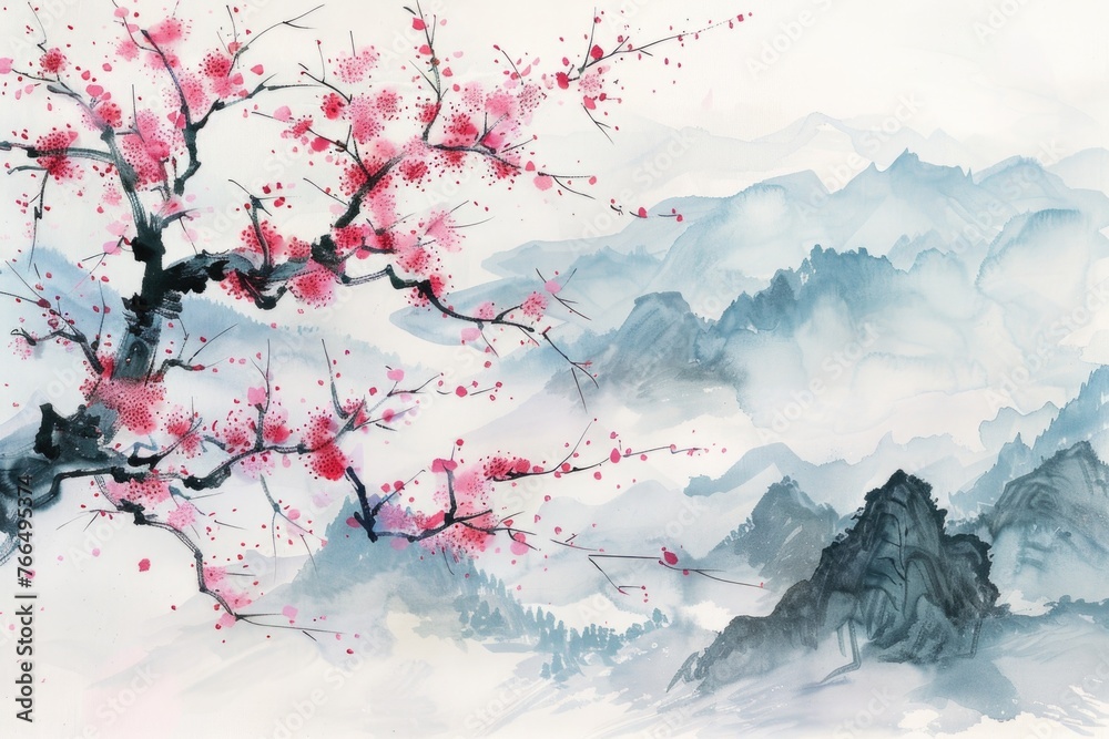 Wall mural a beautiful painting of a tree with pink flowers. ideal for home decor or nature-themed designs